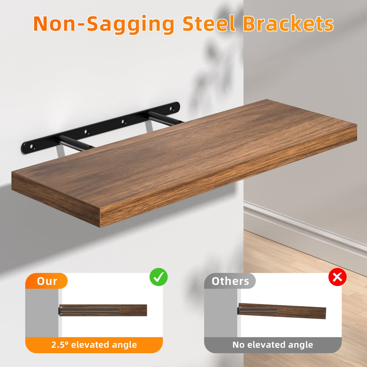 Rustic Brown Floating Wall Shelves with Metal Brackets, 16 Inch, Set of 3 - Image 2