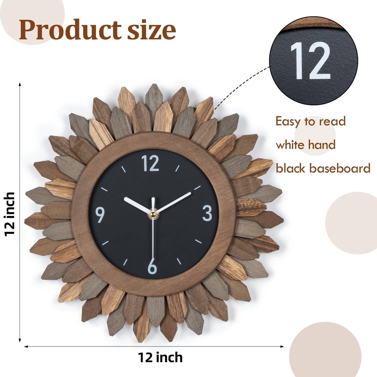 Rustic Wood Sunburst Wall Clock, 12 Inch Silent Non-Ticking Boho Clock for Living Room or Kitchen - Image 6