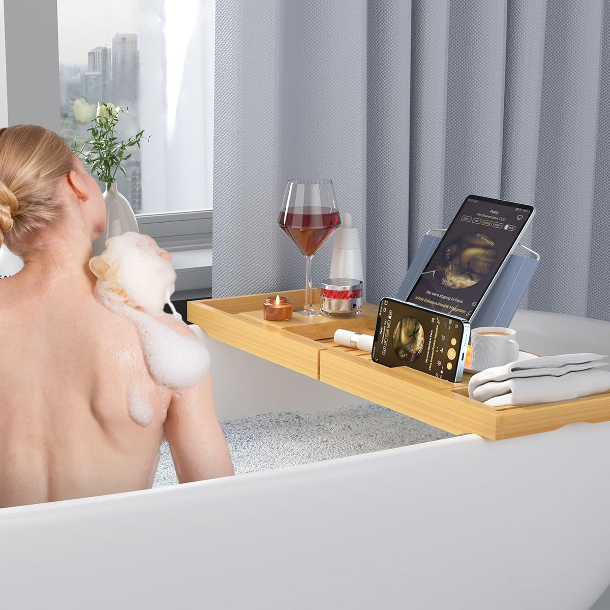 Expandable Bamboo Bathtub Caddy Tray with Book Stand and Glass Holder - Image 5