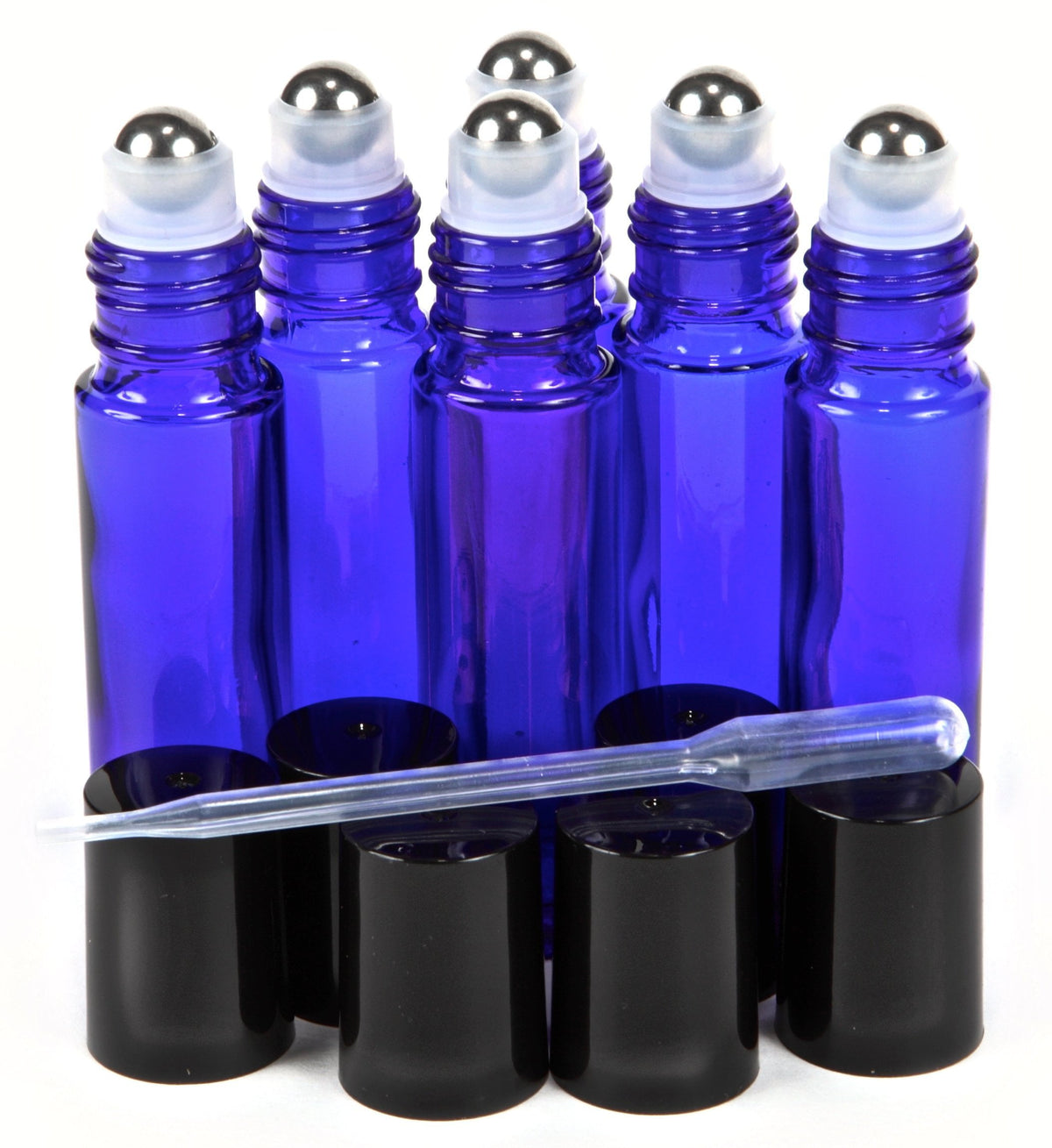 Cobalt Blue Glass Roll-On Bottles, 10 ml with Stainless Steel Roller Balls and Dropper, Set of 6 - Image 2