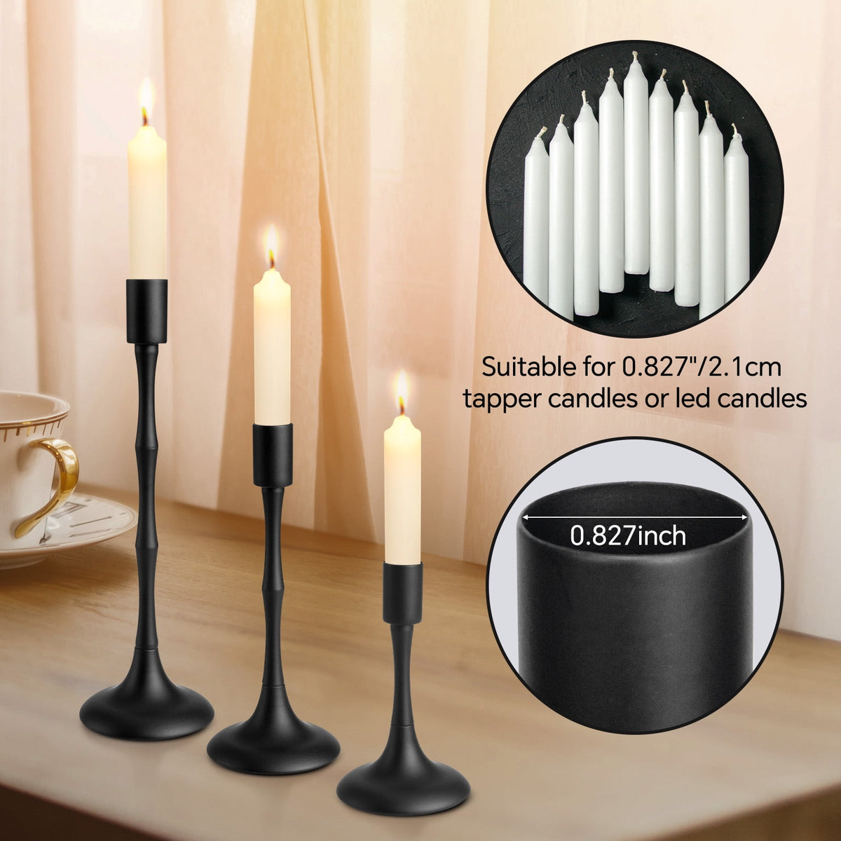 Black Metal Taper Candle Holders with Bamboo-Style Stems, Non-Slip Base, Set of 3 Heights - Image 2