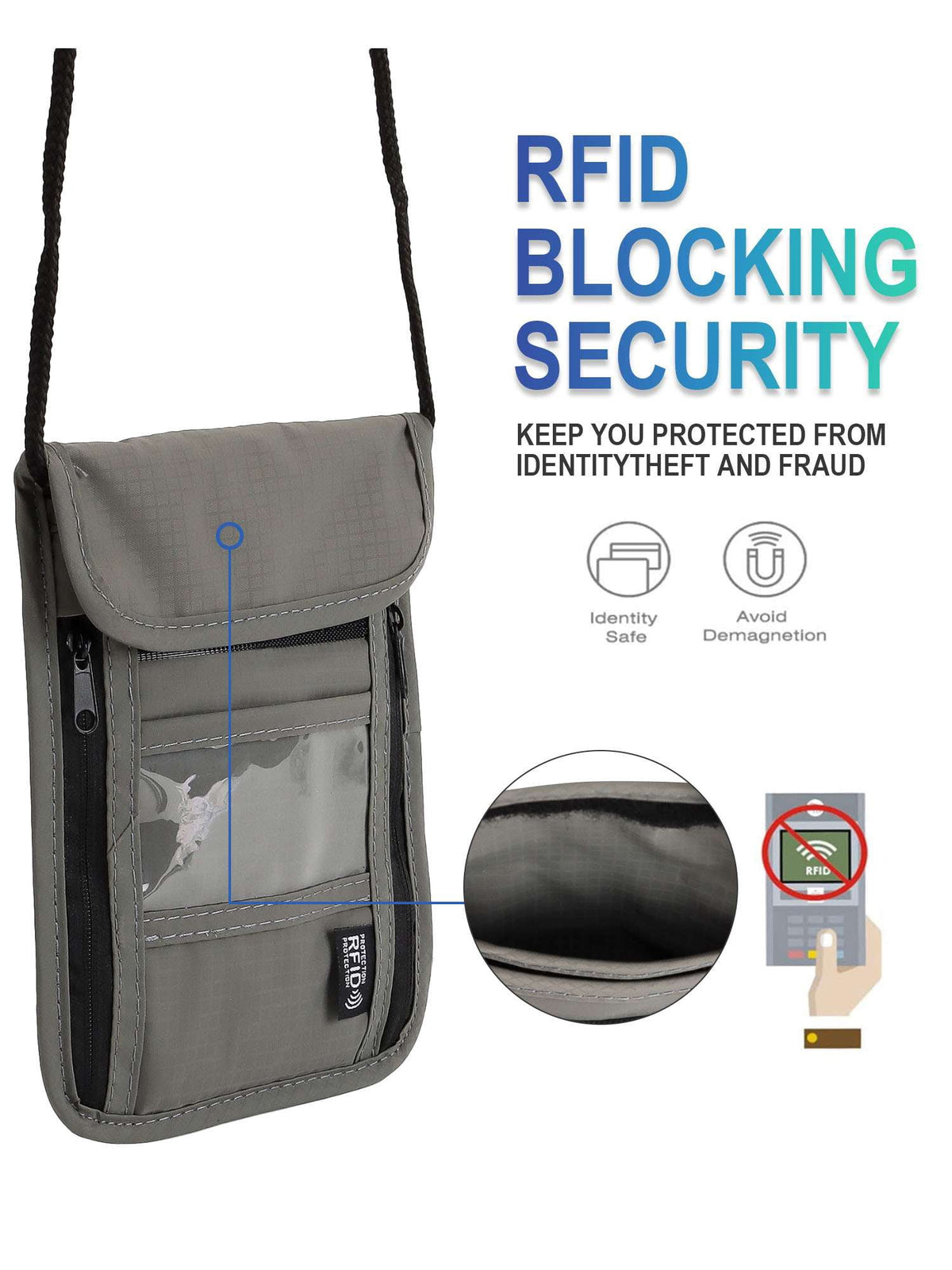 RFID-Blocking Travel Neck Wallet, Water-Resistant Passport Pouch with Adjustable Strap, Black - Image 6