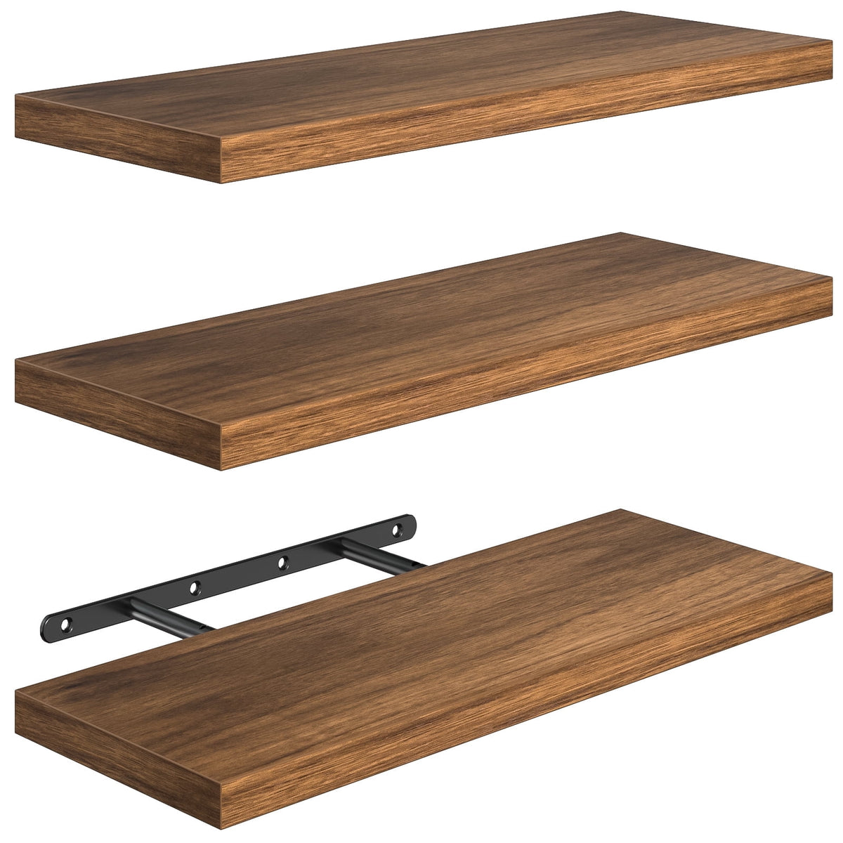 Rustic Brown Floating Wall Shelves with Metal Brackets, 16 Inch, Set of 3