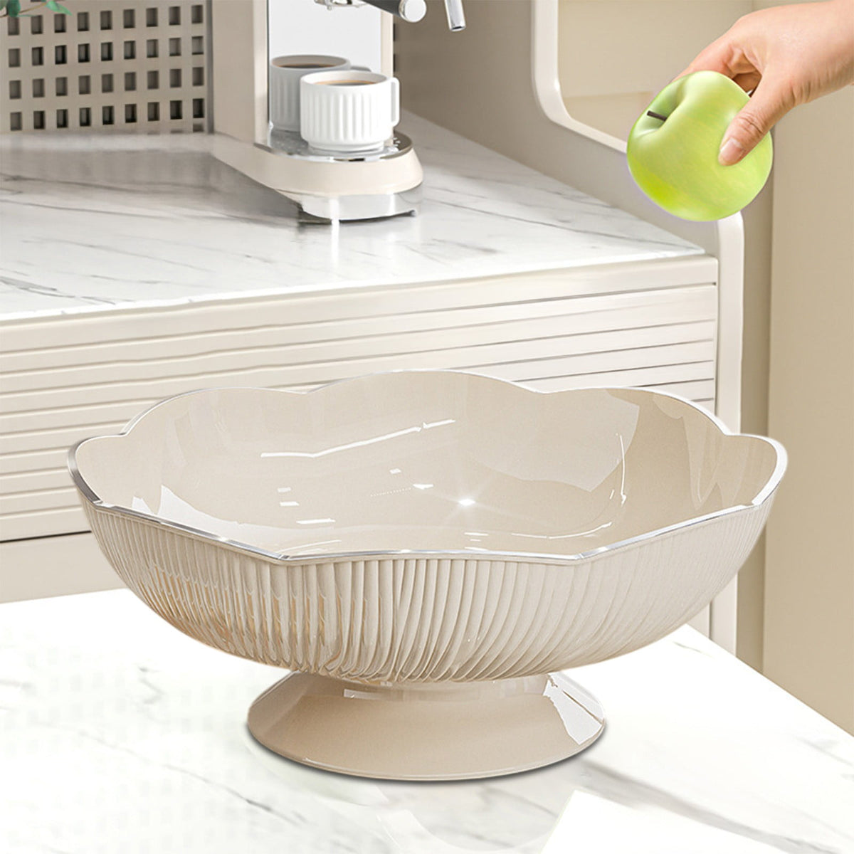 White Pedestal Fruit Bowl with Detachable Draining Base, Modern Plastic Serving Dish for Counter and Table - Image 5