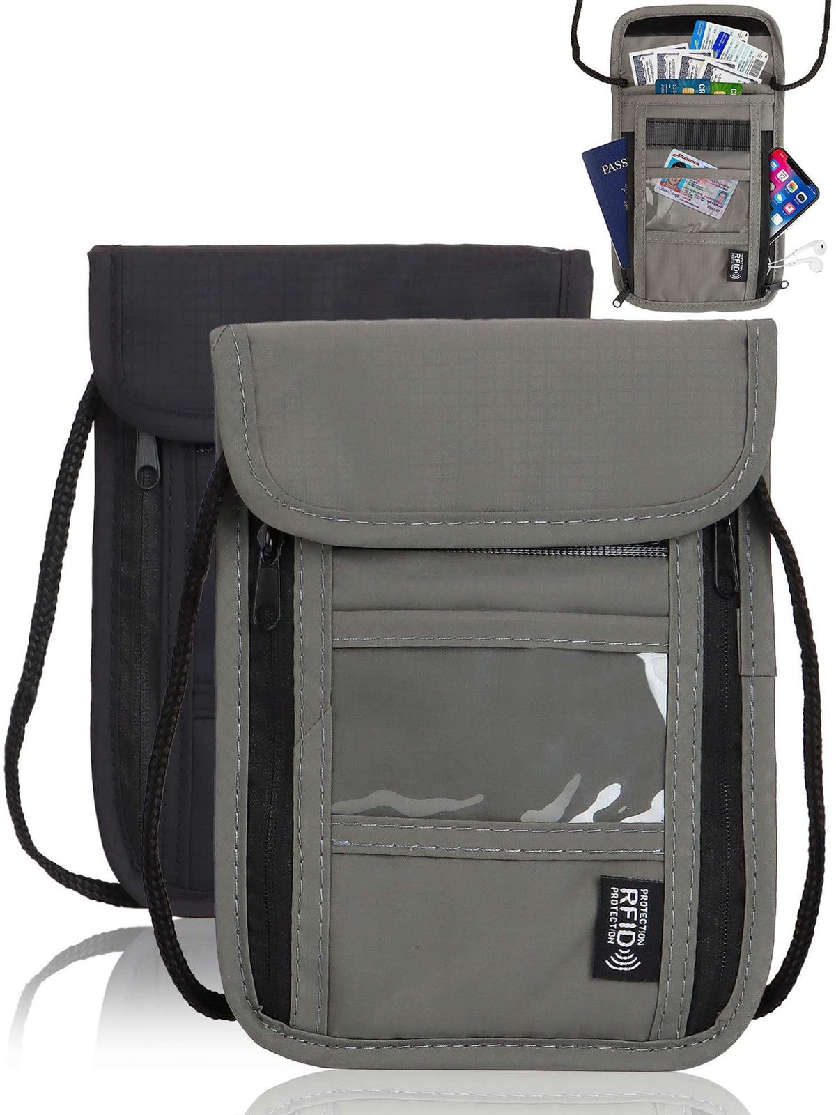 RFID-Blocking Travel Neck Wallet, Water-Resistant Passport Pouch with Adjustable Strap, Black - Image 2