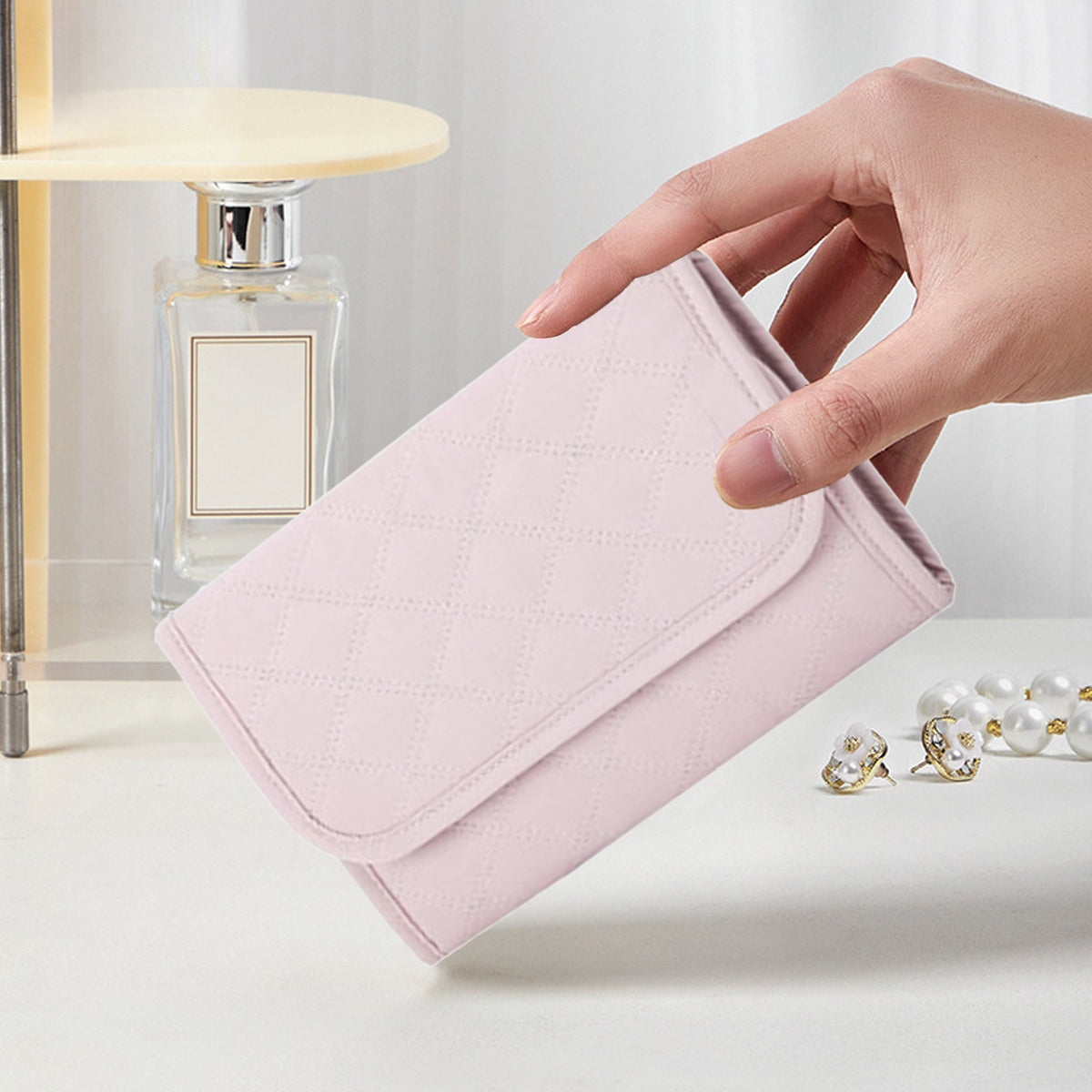 Folding Travel Jewellery Roll, Pink Polyester Organizer with Compartments for Rings, Earrings and Necklaces - Image 5