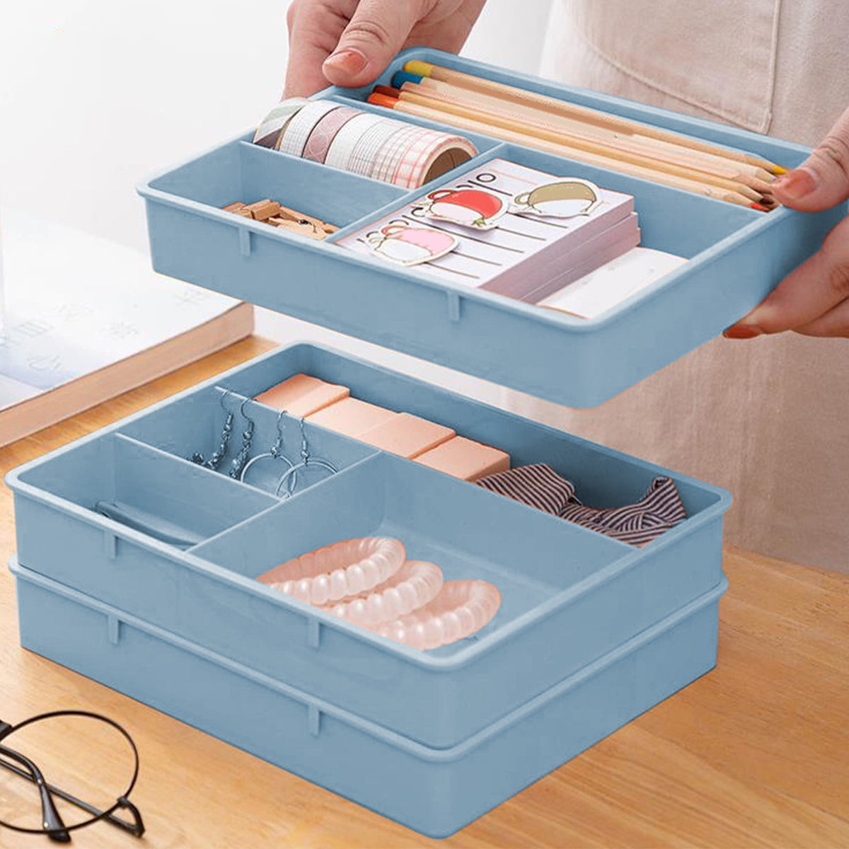 Four-Compartment Stackable Vanity Tray, Blue Plastic Drawer Divider for Makeup and Small Items - Image 4
