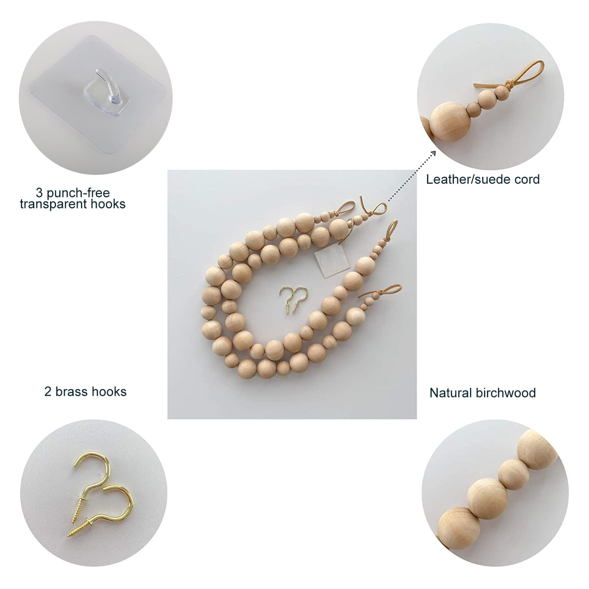 Natural Wood Bead Curtain Tiebacks with Leather Cord and Brass Hooks, 22 Inch, Set of 2 - Image 3