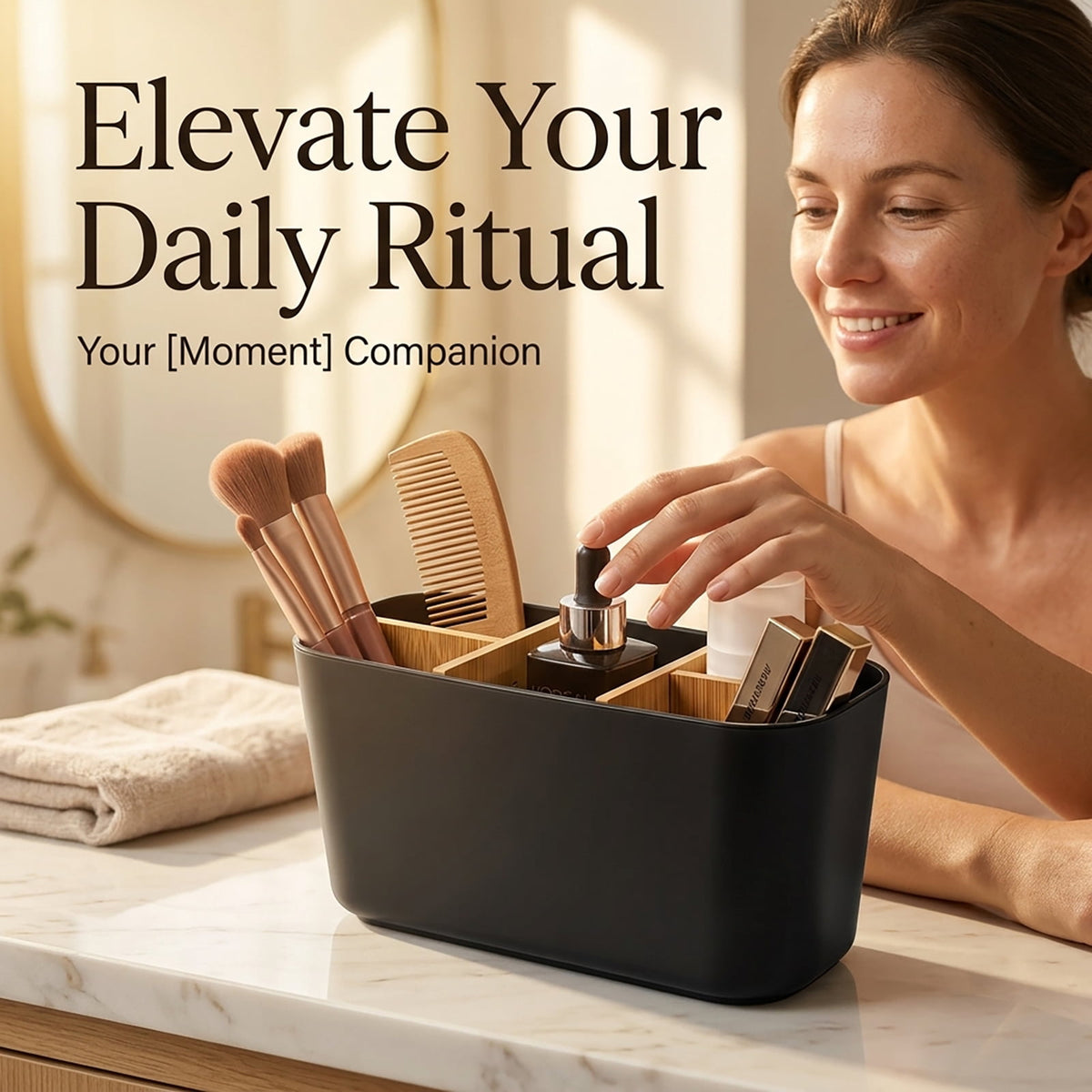 Five-Slot Toothbrush Holder with Removable Bamboo Dividers, Black Bathroom Countertop Organizer - Image 5