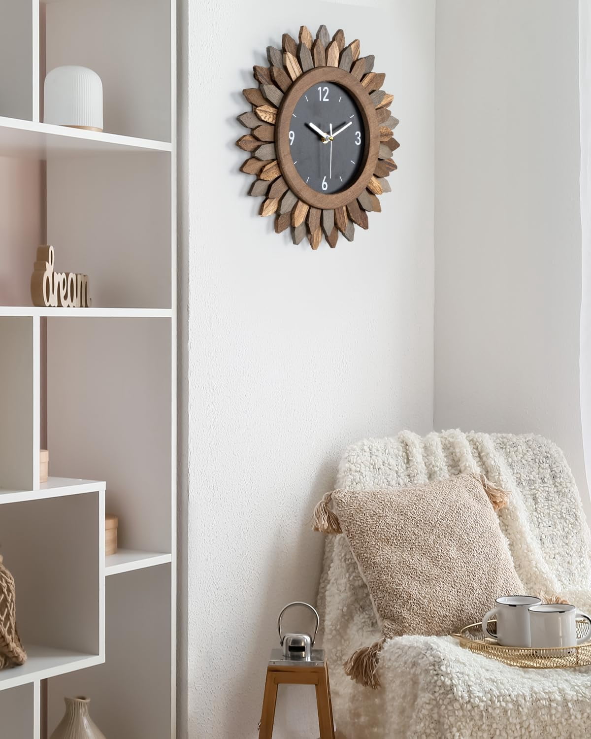 Rustic Wood Sunburst Wall Clock, 12 Inch Silent Non-Ticking Boho Clock for Living Room or Kitchen - Image 4