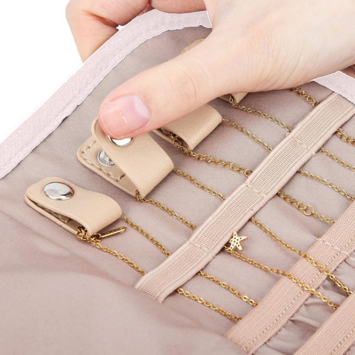 Folding Travel Jewellery Roll, Pink Polyester Organizer with Compartments for Rings, Earrings and Necklaces - Image 4