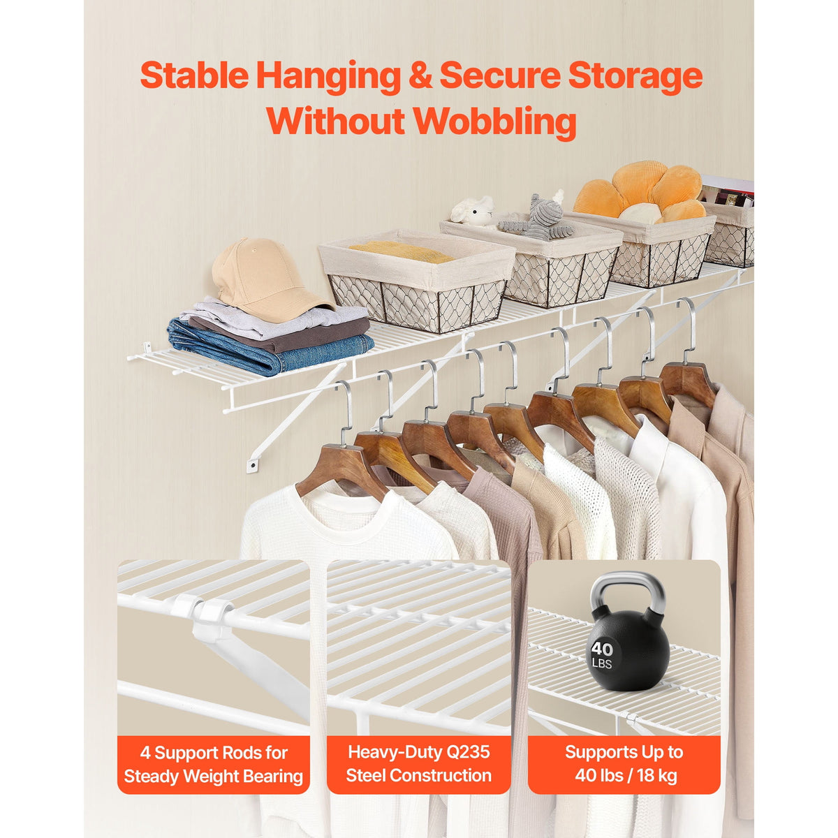 Wall-Mounted Wire Shelf Kit, 3 ft PVC-Coated Carbon Steel Closet Shelving, 12 Inch Deep, Set of 2 - Image 4