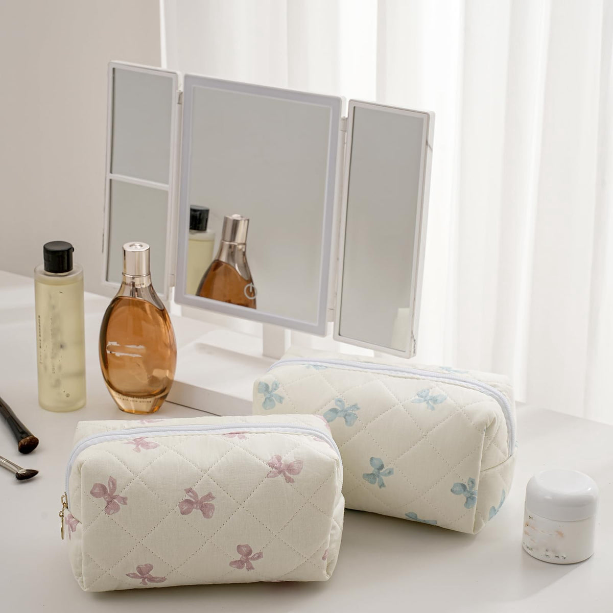 Quilted Floral Cotton Makeup Pouch, Small Zip Toiletry Bag for Purse and Travel - Image 5
