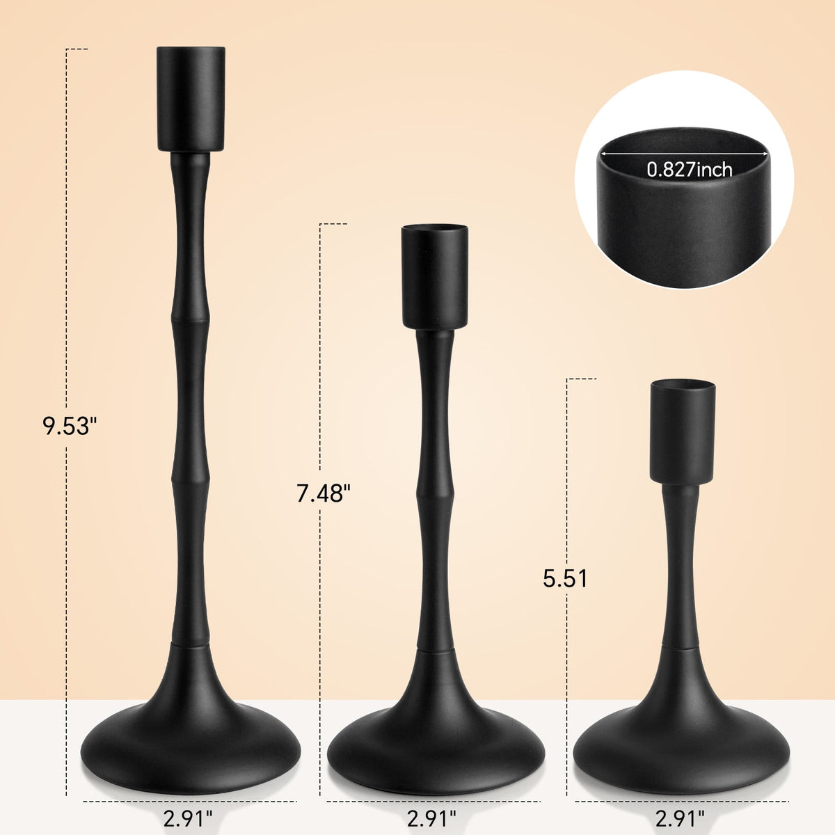 Black Metal Taper Candle Holders with Bamboo-Style Stems, Non-Slip Base, Set of 3 Heights - Image 3