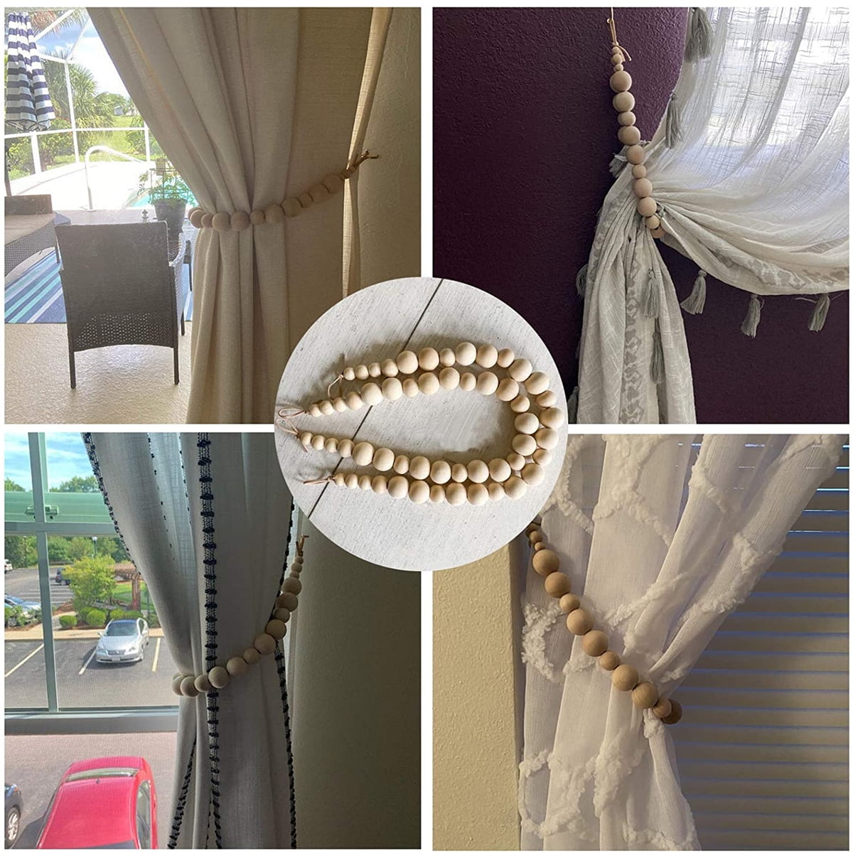 Natural Wood Bead Curtain Tiebacks with Leather Cord and Brass Hooks, 22 Inch, Set of 2 - Image 4