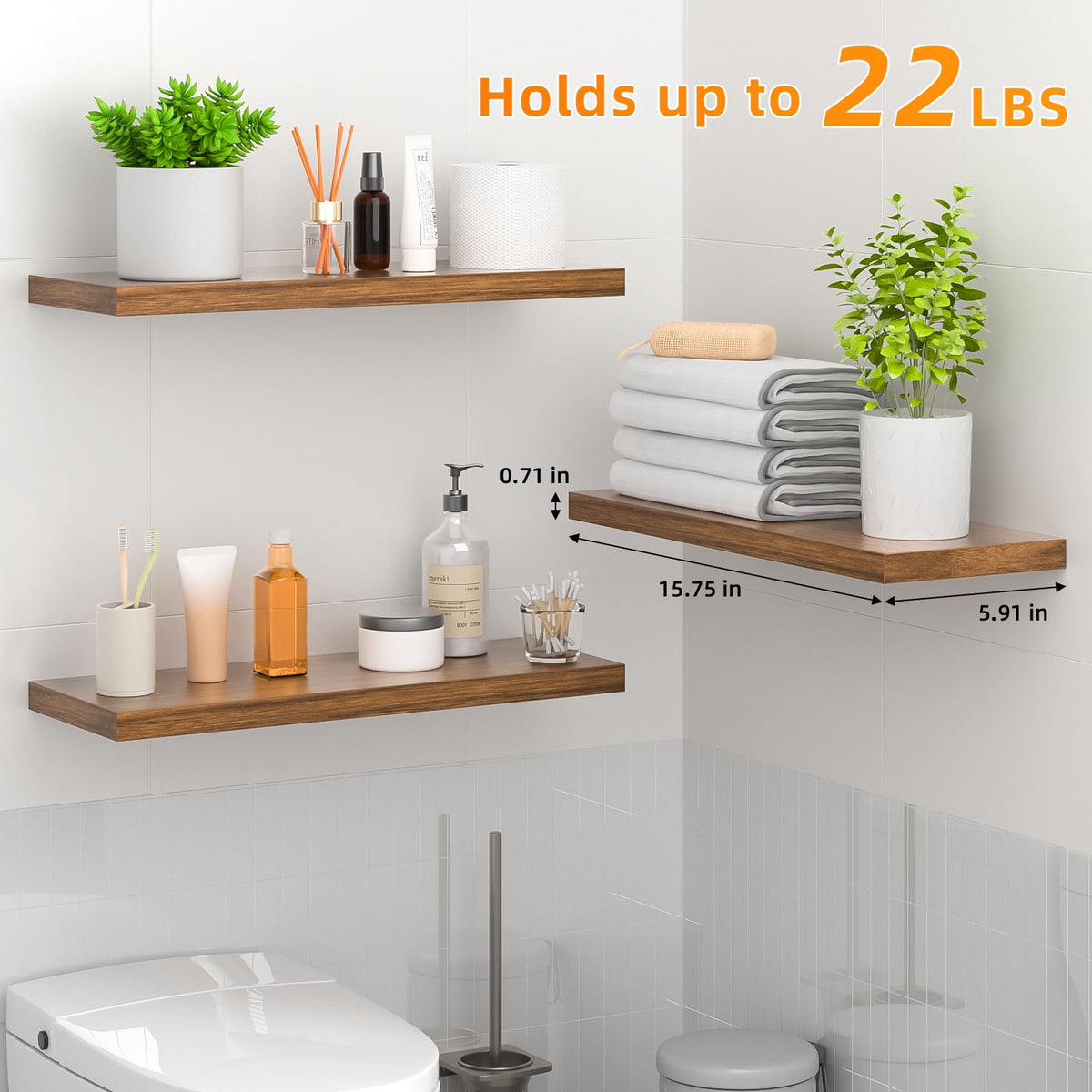 Rustic Brown Floating Wall Shelves with Metal Brackets, 16 Inch, Set of 3 - Image 4